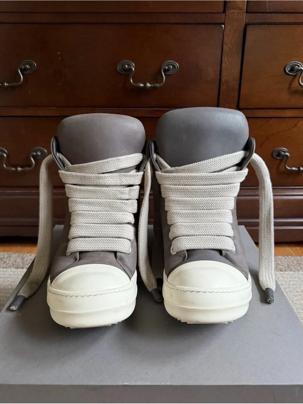 Rick Owen’s High-Top Sneakers in Gray and Cream